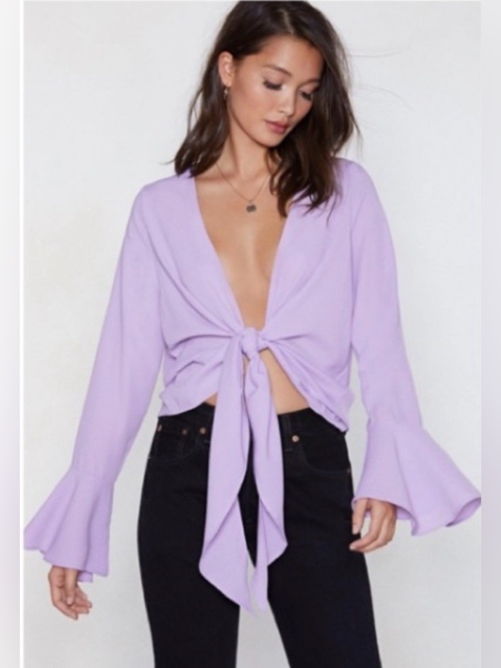 Nasty Gal Lilac Front-Tie Bell Sleeve Blouse 💜🦄💜